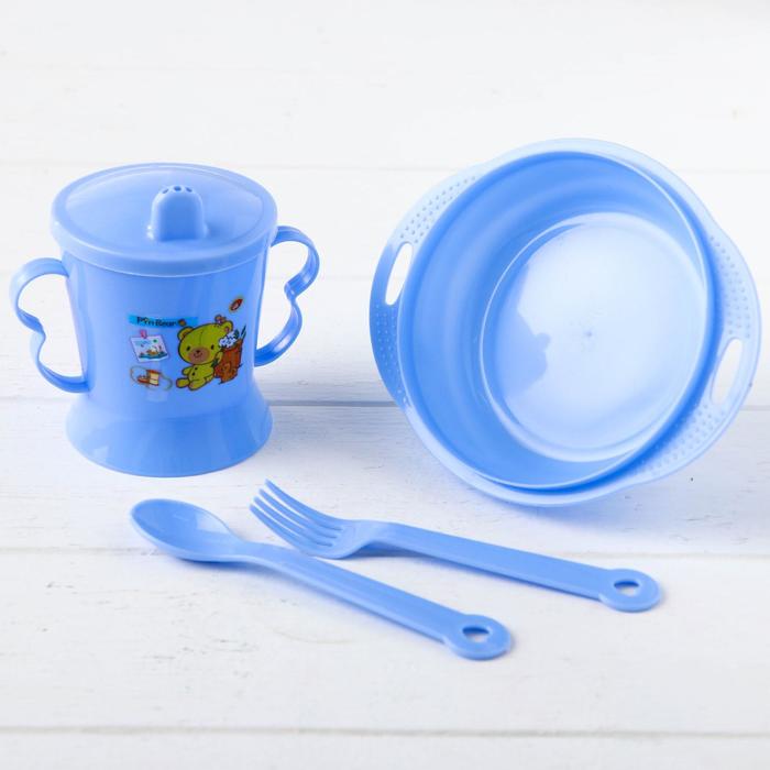 Набор детской посуды, 4 предмета: миска, ложка, вилка, поильник с твёрдым носиком 200 мл, цвета МИКС