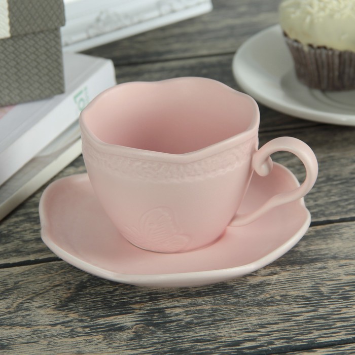 Чайная пара 200 мл "Бабочка", блюдце 12,7 см, цвет розовый