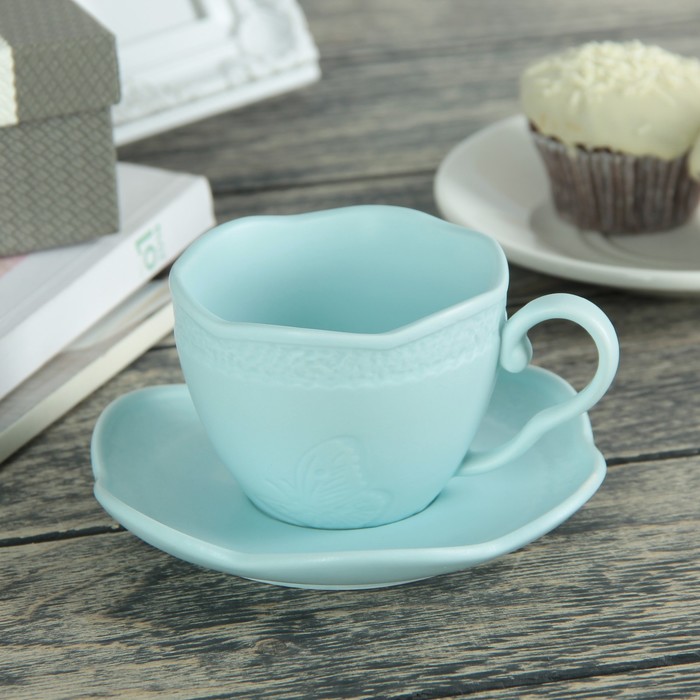 Чайная пара 200 мл "Бабочка", блюдце 12,7 см, цвет голубой