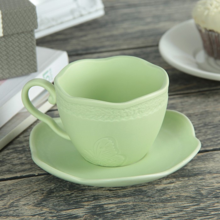 Чайная пара 200 мл "Бабочка", блюдце 12,7 см, цвет зеленый