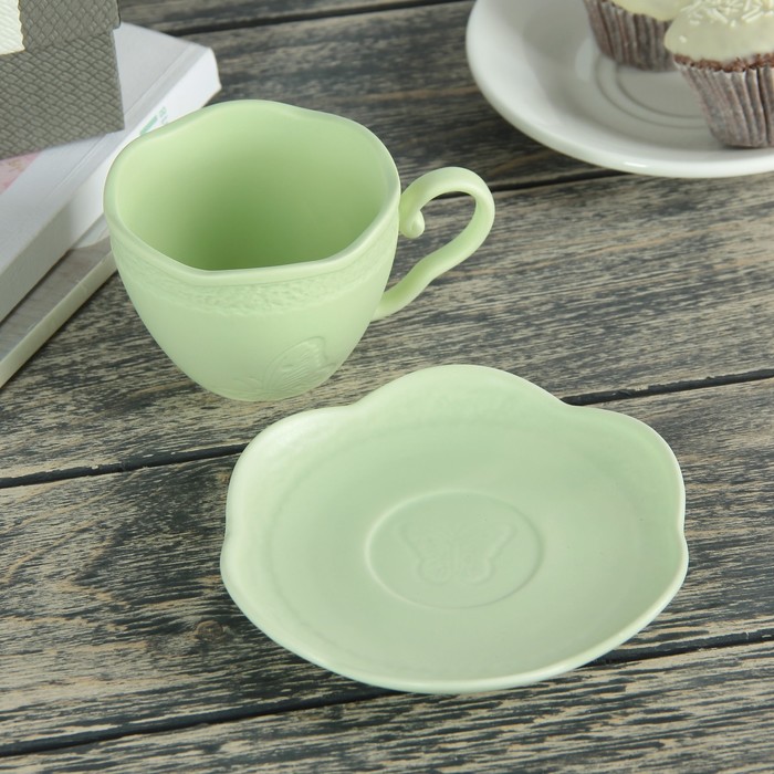 Чайная пара 200 мл "Бабочка", блюдце 12,7 см, цвет зеленый