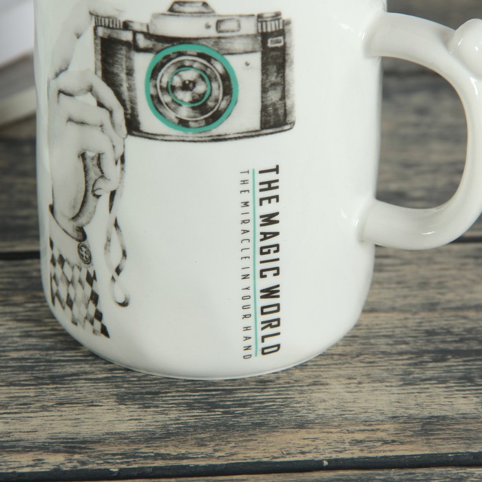 Кружка 400 мл "Улыбочку", с деревянной крышкой и ложкой, рисунок МИКС