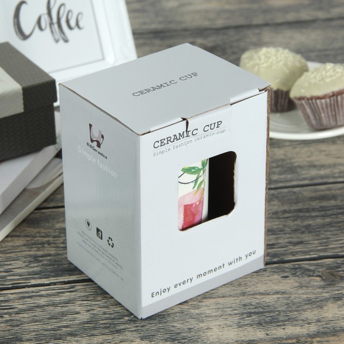 Кружка 380 мл "Коктейль", с деревянной крышкой и ложкой, рисунок МИКС