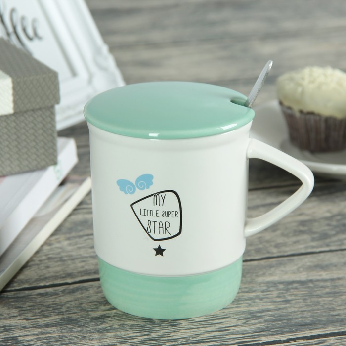 Кружка 360 мл "Супер звезда", с керамической крышкой и ложкой, цвет МИКС