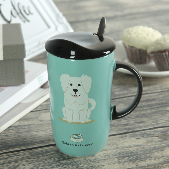 Кружка 350 мл "Пёсик", с керамической крышкой и ложкой, рисунок и цвета МИКС