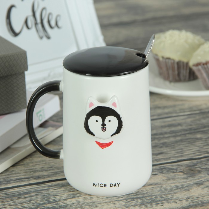 Кружка 350 мл "Пес", с керамической крышкой и ложкой, рисунок МИКС