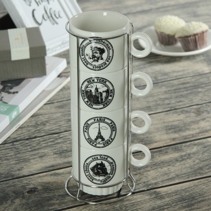 Набор кружек 250 мл "Путешествие", 4 шт, на металлической подставке