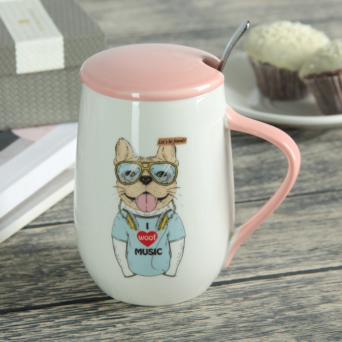 Кружка 500 мл "На прогулку", с керамической крышкой и ложкой, рисунок и цвет МИКС