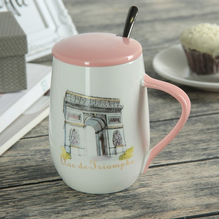 Кружка 450 мл "Страны", с керамической крышкой и ложкой, рисунок и цвета МИКС