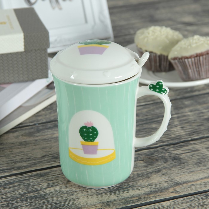 Кружка 400 мл "Кактус", с керамической крышкой и ложкой, рисунок и цвета МИКС