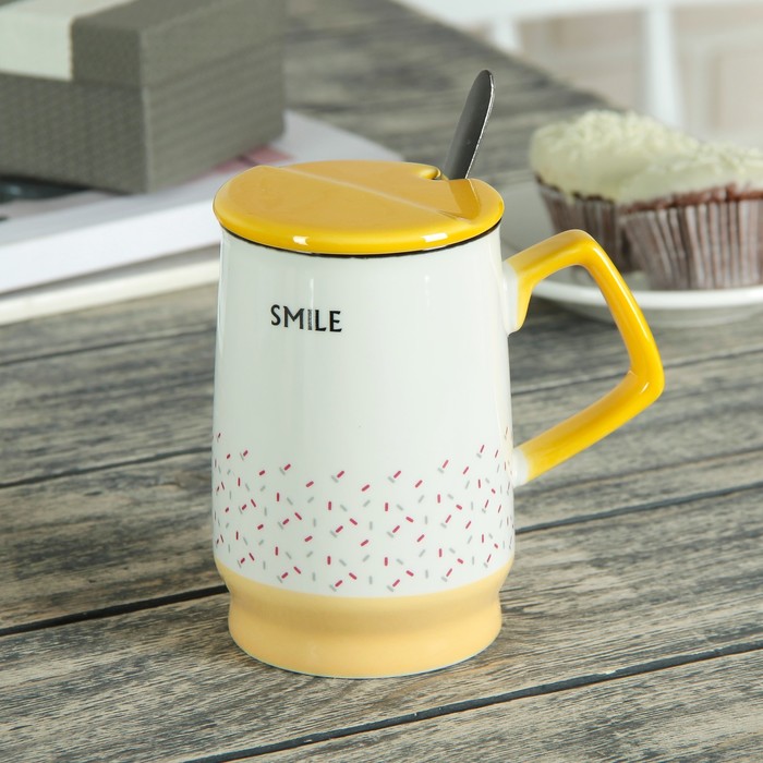 Кружка 450 мл "Наслаждение", с керамической крышкой и ложкой, цвета МИКС