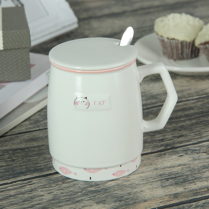 Кружка 450 мл "Животные", с керамической крышкой и ложкой, рисунок МИКС