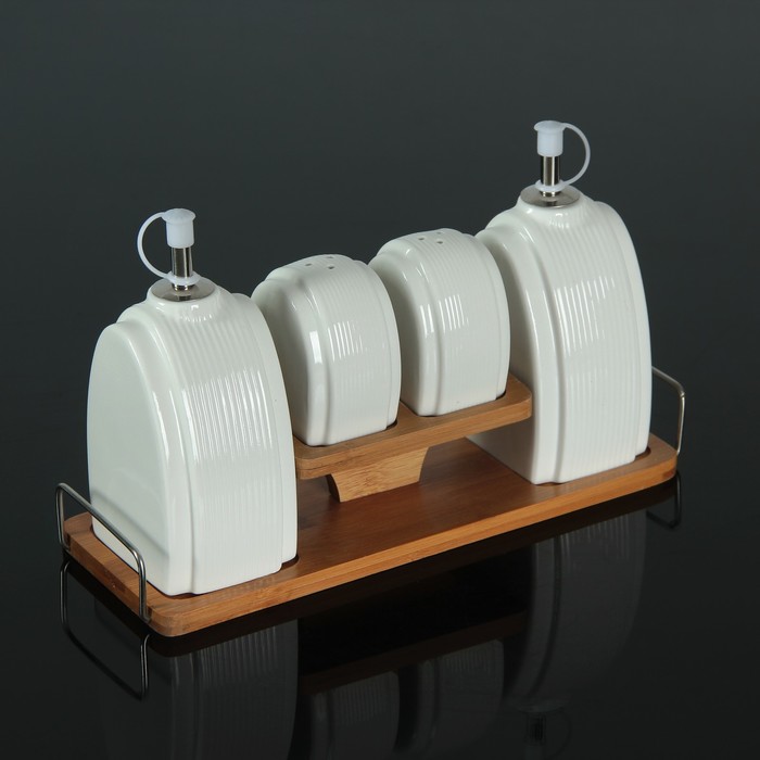 Набор для специй и масел "Эстет. Арки", 4 предмета: 2 емкости 120 мл, 2 емкости 400 мл, на деревянной подставке