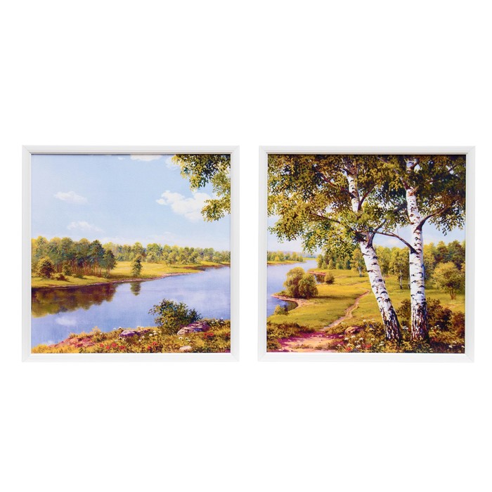Модульная картина "Две берёзы на берегу речки" (33*33см-2шт) 33*70 см