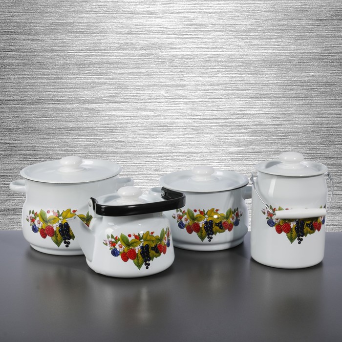 Набор посуды "Ягодный чай": кастрюли 4 л, 5,5 л, чайник 2.4 л, бидон 3 л