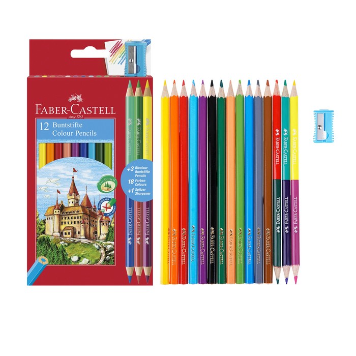 Карандаши 12 цветов Faber-Castell «Замок» шестигранные + 3 двухцветных карандаша + точилка цветные карандаши замок в карт промоупаковке 24 шт 3 двухцветных карандаша точилка