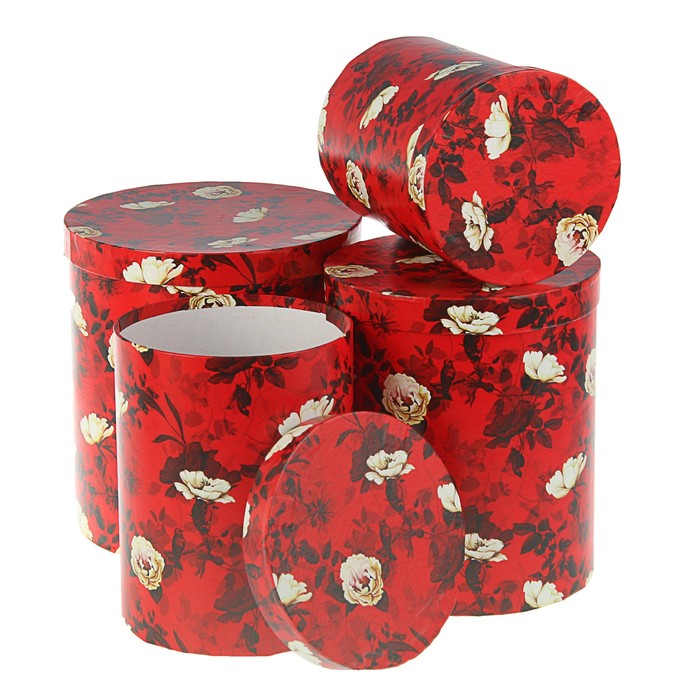 Набор круглых коробок 4в1 "Белый шиповник" 23 х 23 х 25 - 15 х 15 х 20 см