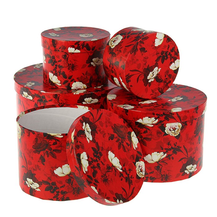 Набор круглых коробок 5в1 "Белый шиповник" 30 х 30 х 17 - 15 х 15 х 10 см