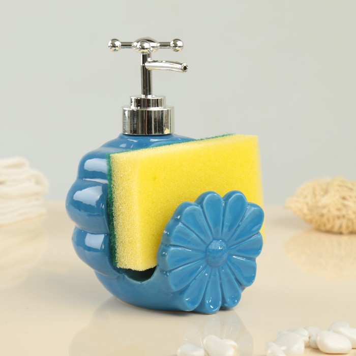 Дозатор для моющего средства 370 мл "Холо", с губкой, цвет синий