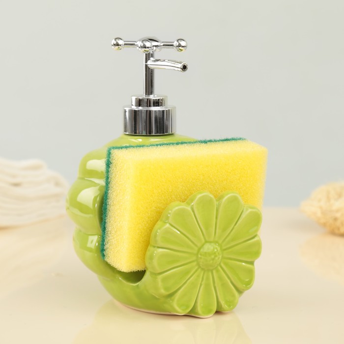 Дозатор для моющего средства 370 мл "Холо", с губкой, цвет зеленый