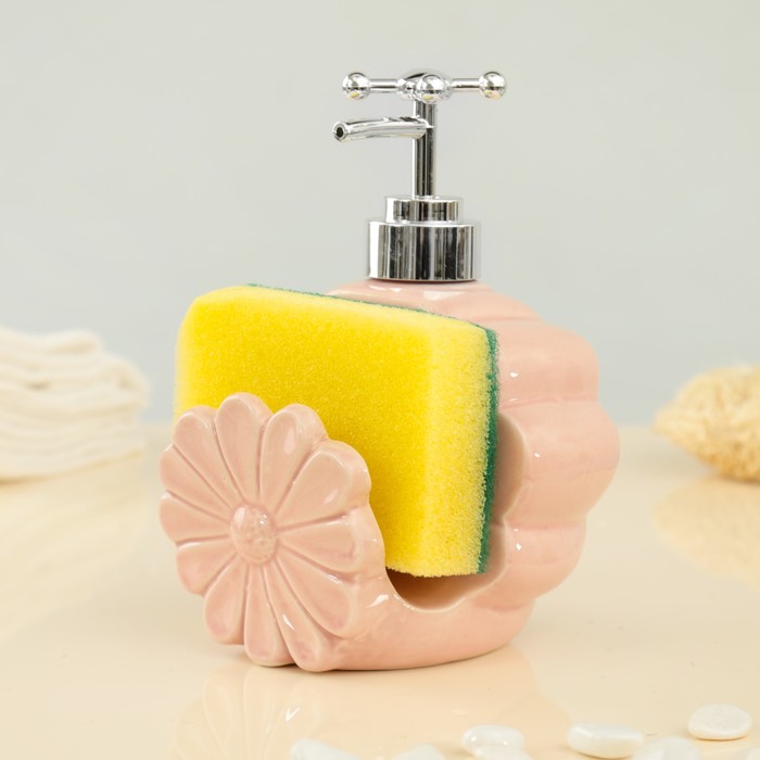 Дозатор для моющего средства 370 мл "Холо", с губкой, цвет персиковый