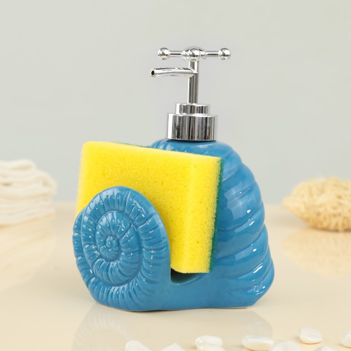 Дозатор для моющего средства 400 мл "Ракушка", с губкой, цвет синий
