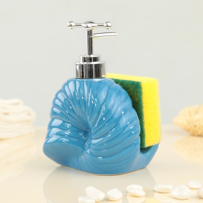 Дозатор для моющего средства 400 мл "Ракушка", с губкой, цвет синий