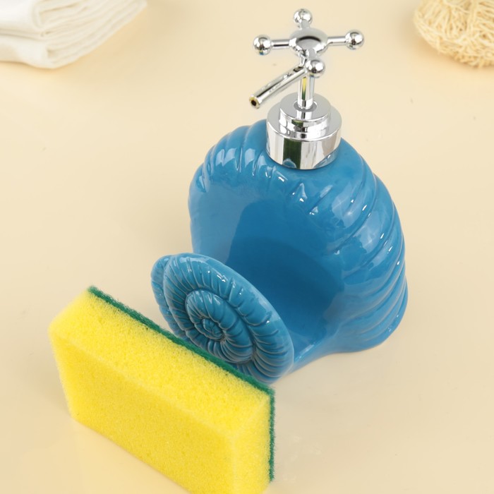 Дозатор для моющего средства 400 мл "Ракушка", с губкой, цвет синий