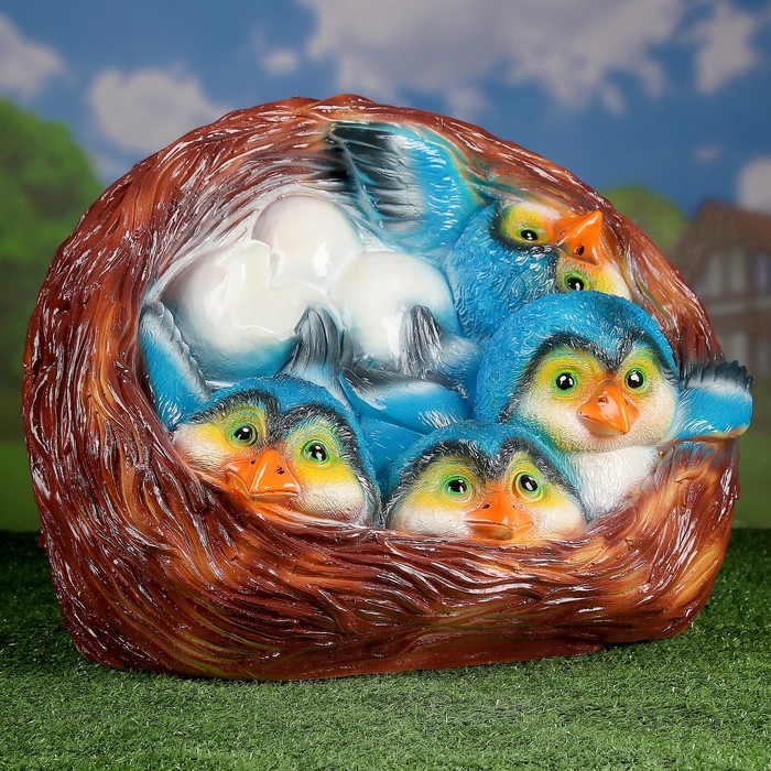 Садовая фигура "Гнездо", коричневая, с синими птенчиками, 50 х 38 х 37 см