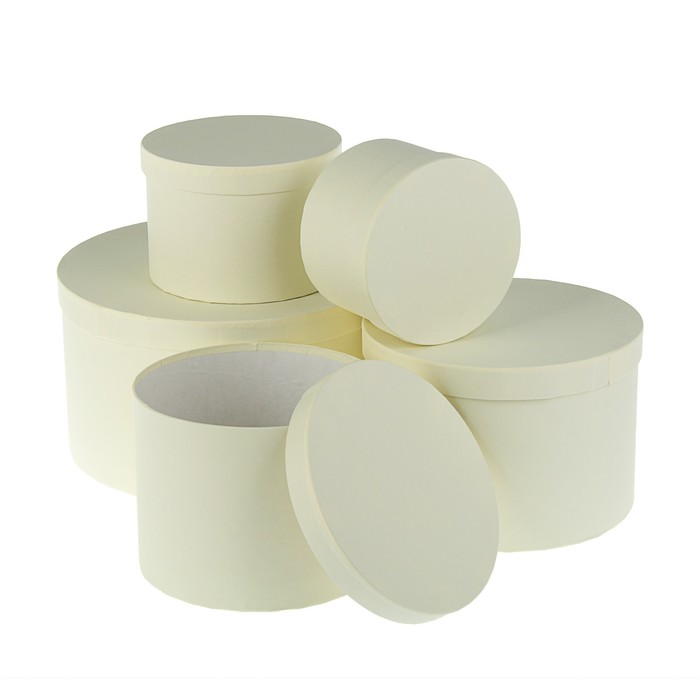 Набор круглых коробок 5в1 "Сливочный холст", с тиснением, 30 х 30 х 17 - 15 х 15 х 10 см