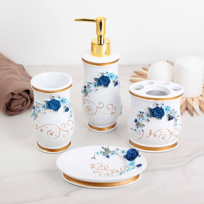 Набор для ванной "Синие розы" 4 предмета: мыльница, дозатор для мыла, 2 стакана
