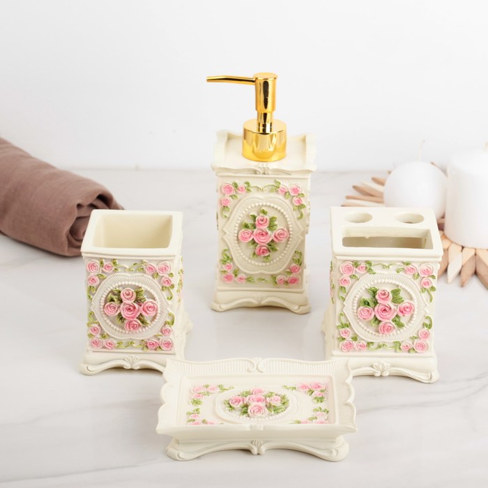 Набор для ванной "Букет роз" 4 предмета: мыльница, дозатор для мыла, 2 стакана