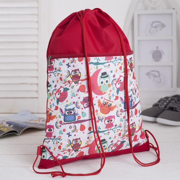 Сумка-мешок для обуви "Совы", наружный карман на молнии, цвет красный/белый