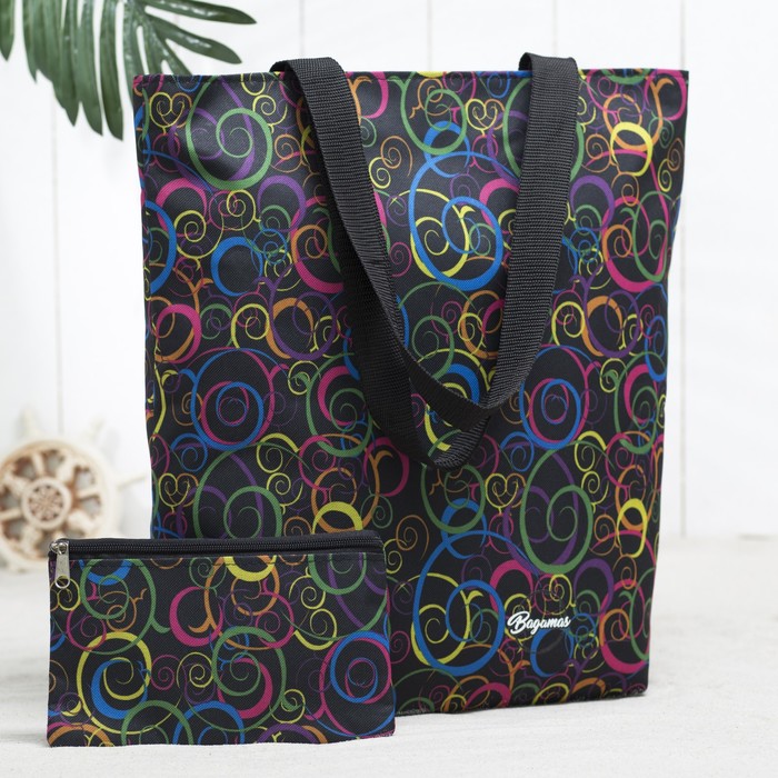 Сумка летняя с косметичкой, отдел на молнии, принт чёрный/узор