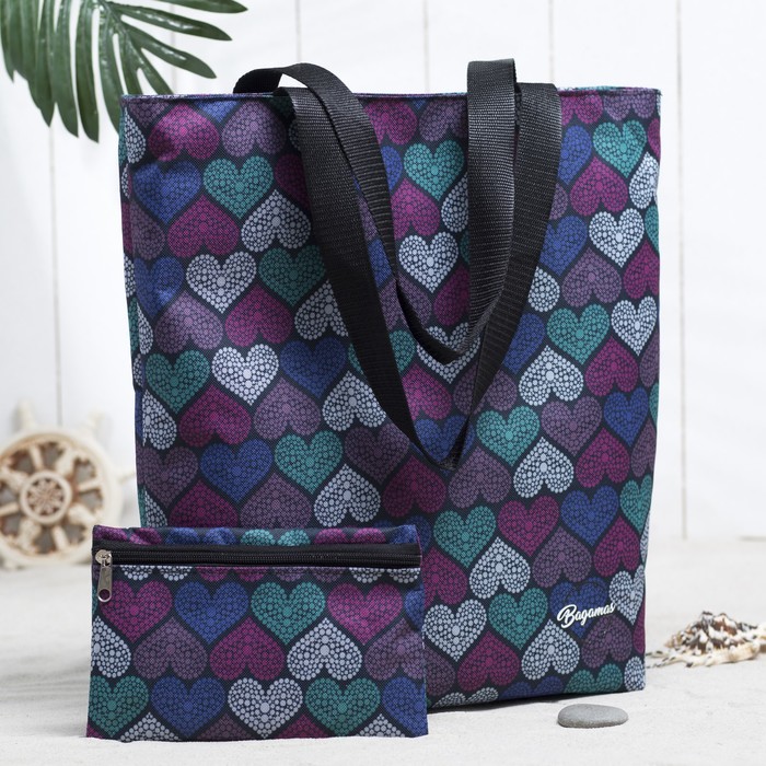 Сумка летняя, с косметичкой, отдел на молнии, принт чёрный/сердца