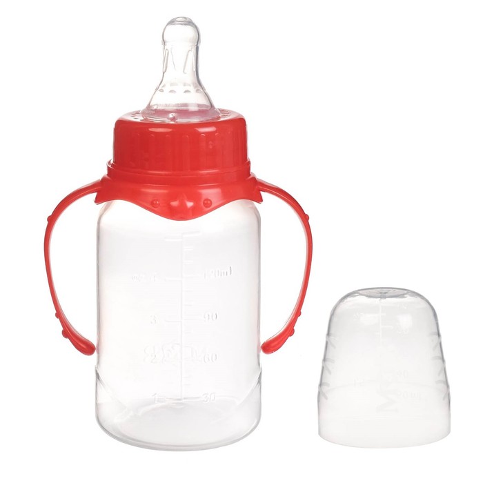 Бутылочка для кормления детская классическая, с ручками, 150 мл, от 0 мес., цвет красный
