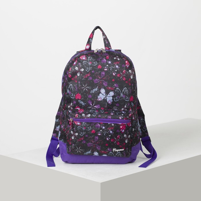 Рюкзак молодёжный "Бабочки", отдел на молнии, наружный карман, цвет чёрный/сиреневый