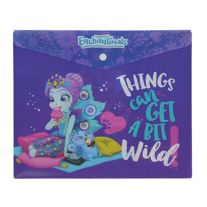 Папка-конверт на кнопке 180 мкм Mattel Enchantimals, для тетрадей, пластиковая