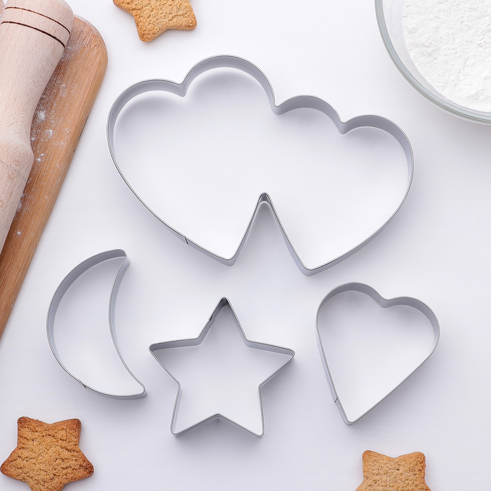 Набор форм для вырезания печенья "Двойное сердце,звезда,месяц" 14x14 см, 4 шт