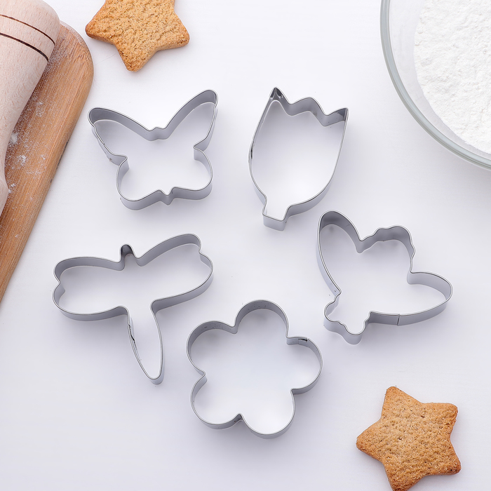Набор форм для вырезания печенья "Тюльпан, бабочка, цветок, стрекоза", 5 шт