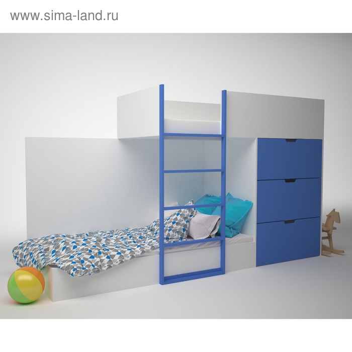 фото Кровать двухэтажная с комодом дм-к2-1-2, 2780х1600х844 мм, корпус белый, фасад синий экке