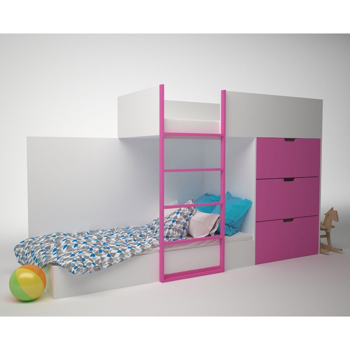 Кровать двухэтажная с комодом ДМ-К2-1-2, 2780х1600х844 мм, корпус белый, фасад фуксия