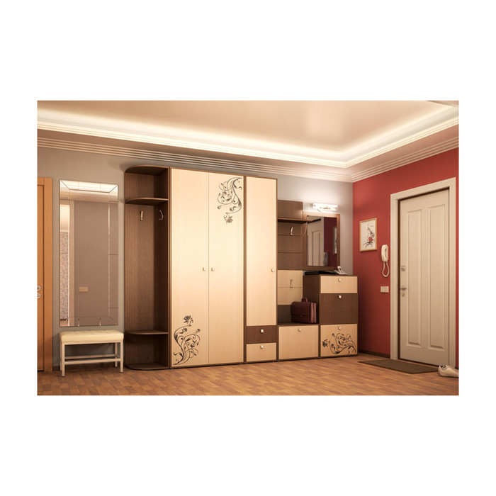 Прихожая "Арабика 1": стеллаж, шкаф 2 двери, шкаф-пенал, тумба, панель, тумба для обуви, зеркало