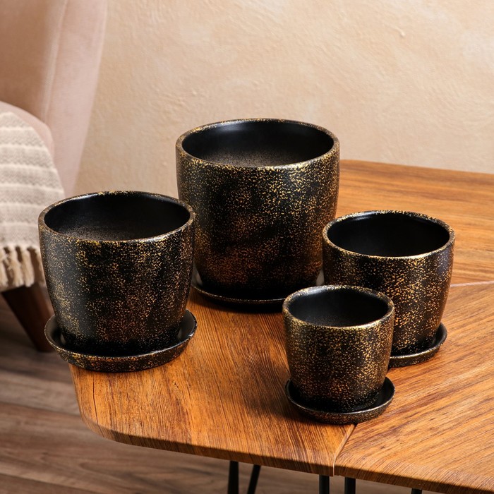 Набор кашпо 4 шт.: "Осень" чёрный мрамор 3л/2л/1л/0,5л