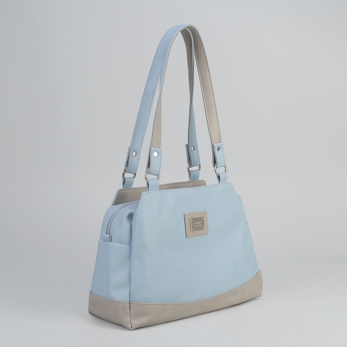 Сумка женская, 3 отдела на молнии, наружный карман, цвет голубой/серый/серо-бежевый