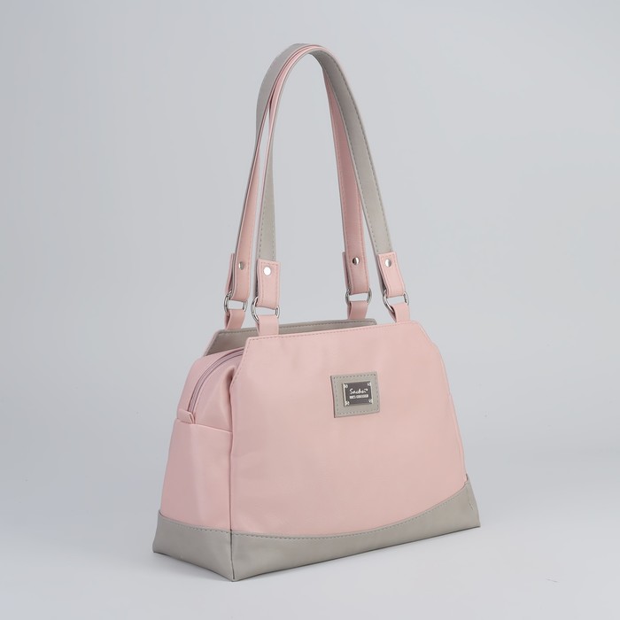 Сумка женская, 3 отдела на молнии, наружный карман, цвет розовый/серо-бежевый