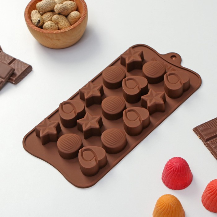 Форма для шоколада Доляна «Звёзды, ракушки, сердца», силикон, 20,6×10,3 см, 15 ячеек, цвет коричневый форма для шоколада ракушки 3