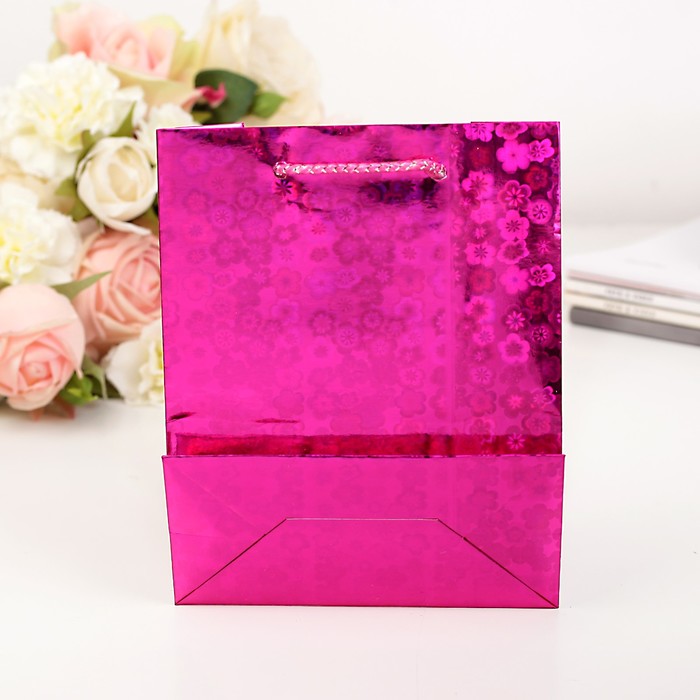 Пакет голография 12 х 15 х 6 см, цвет розовый, рисунок МИКС