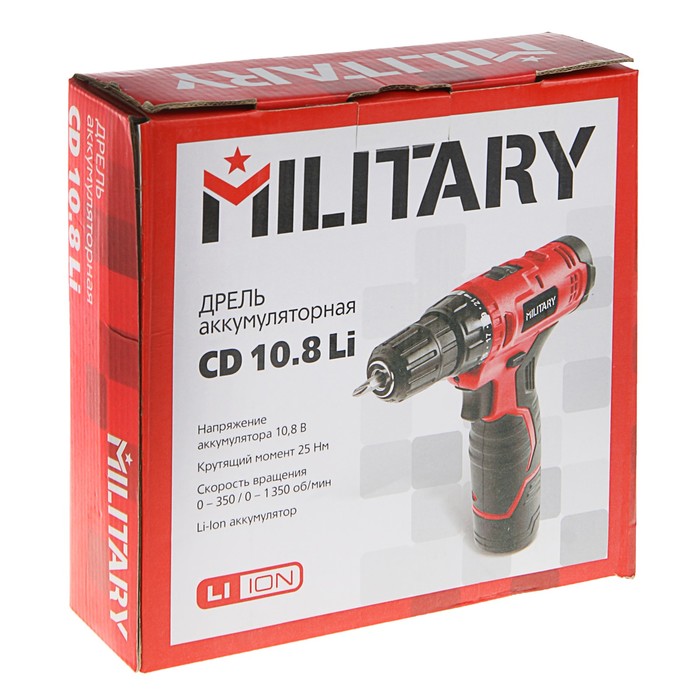 Аккумуляторная дрель MILITARY CD10.8Li, 10.8 В, 1х1.5Ач, Li, 0-350/0-1350 об/мин, 25 Нм