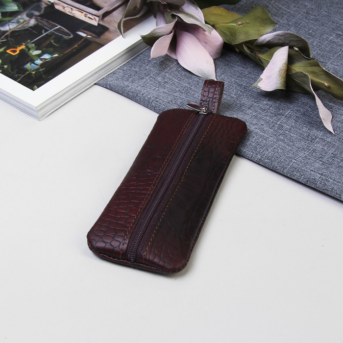 Ключница, отдел на молнии, металлическое кольцо, кайман, амбре тёмно-коричневый